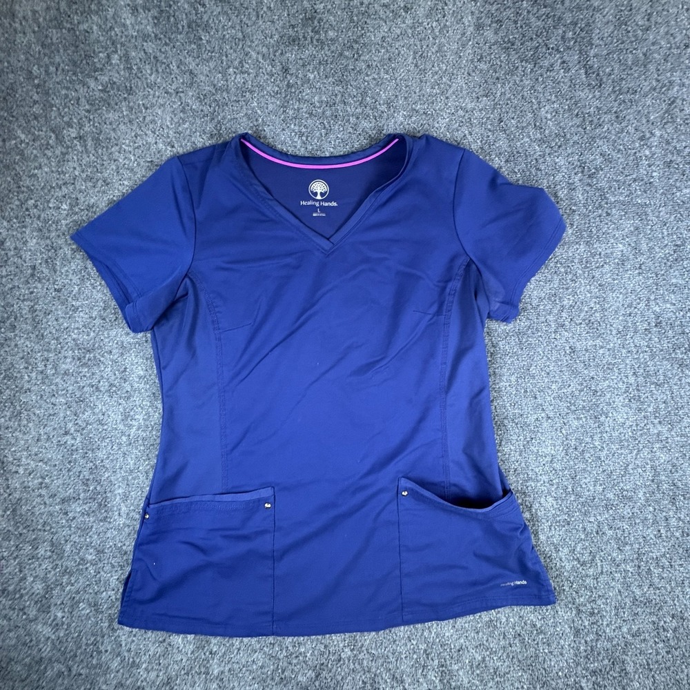 Healing Hands Purple Label Juliet Scrub Top Women Large Blue Stretch V Neck Yoga